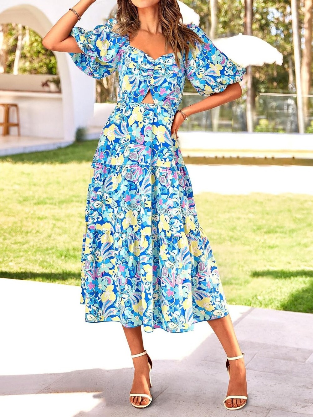 Blue Floral Tie-Front Puff-Sleeve Midi Dress